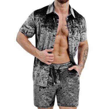 Imagem de ZSJR Conjunto masculino de 2 peças de camisa e shorts de veludo diamante, moda casual de 2 peças, Cinza, M