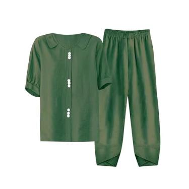 Imagem de Conjunto feminino de linho de verão com 2 peças, meia manga, camisa de conscientização de Alzheimer com calça de linho de algodão, roupas de férias plus size, Verde, X-Large
