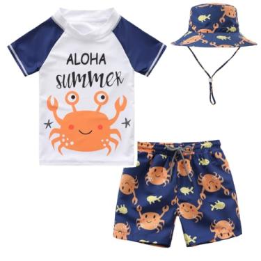 Imagem de Conjunto de 3 peças para bebês meninos, roupa de banho infantil de manga comprida, roupa de banho rashguard e chapéu de sol, Caranguejo verão, 9-18 Months
