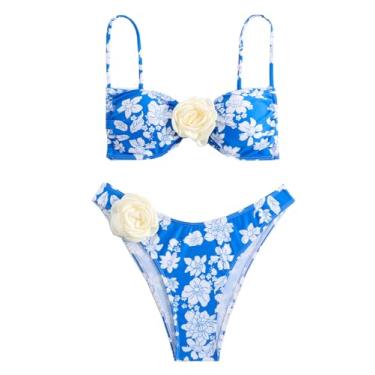 Imagem de OYOANGLE Biquíni feminino, 2 peças, rosa, 3D, alças finas, cintura alta, roupa de praia, Floral azul, P