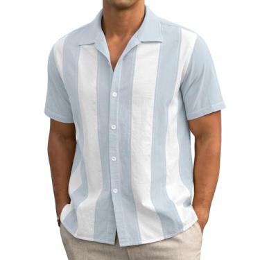 Imagem de Askdeer Camisa masculina de linho manga curta vintage verão casual camisa de botão camisa praia Cuba, A01 Azul celeste branco, G