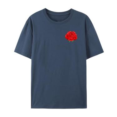 Imagem de Camiseta com estampa rosa rosa para homens e mulheres para o amor, Azul marinho, M