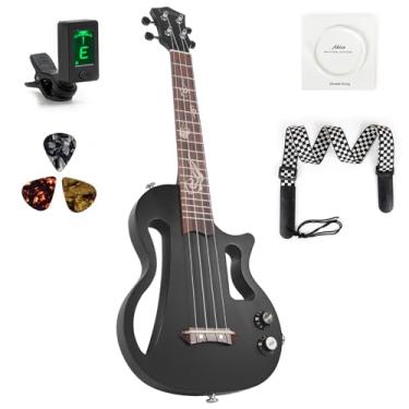 Imagem de Ukulele silencioso Lotkey Ukulele elétrico Okoume de 66 cm para prática ou apresentações com corda de nylon italiano de saída AMP com alça de afinador e acessórios completos (preto)