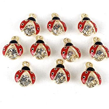 Imagem de Worlds Pingentes de liga esmaltada, 10 peças, banhado a ouro, joaninha vermelha, transparente, strass, para pulseira, colar, brinco, faça você mesmo, joias, artesanato, 15 mm x 11 mm