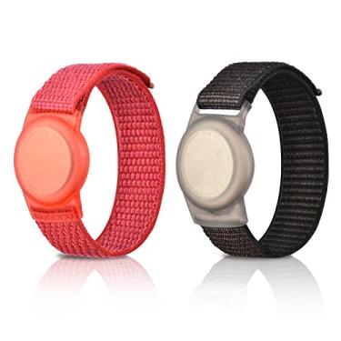 Imagem de Pacote com 2 pulseiras infantis para AirTag, pulseira de relógio de nylon com suporte rastreador GPS, capa protetora compatível com Apple Air Tag, pulseira antiperda ajustável para bebês e idosos (preto + vermelho)