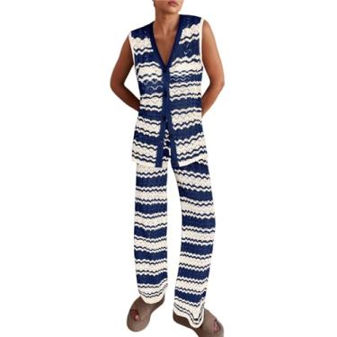 Imagem de Imily Bela Conjunto feminino de malha de 2 peças, conjunto de roupas de verão sem mangas, colete e calça larga listrada, Azul marino, Medium
