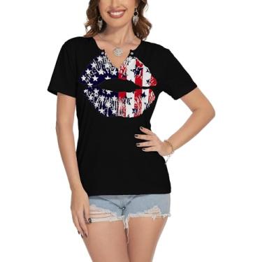 Imagem de TMSD Camiseta feminina de 4 de julho Dia da Independência gola V manga curta Memorial Day Ring Hole, Lábios com bandeira, M