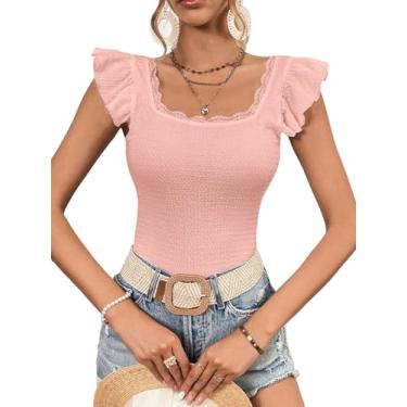 Imagem de OYOANGLE Camiseta feminina com acabamento de babados, gola quadrada, texturizada, de verão, lisa, manga cavada, Rosa coral, GG