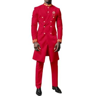 Imagem de Terno masculino slim fit trespassado bordado jaqueta camisa e calça conjunto roupas africanas casamento, Vermelho, XX-Large
