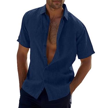 Imagem de Camisa masculina de linho manga curta casual slim fit camisa de botão para homens praia verão havaiana férias camisa de casamento, 01 - Azul-marinho, GG
