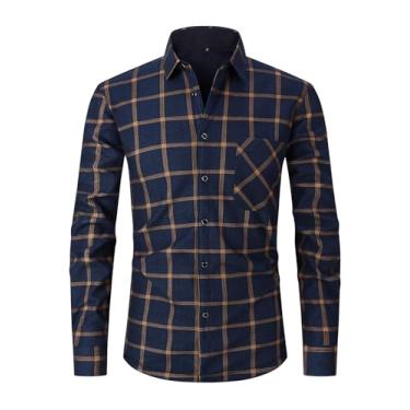 Imagem de Askdeer Camisa masculina de flanela de ajuste regular, camisas de pelúcia xadrez, manga comprida, camisa casual com bolso, Painel azul marinho A01, GG