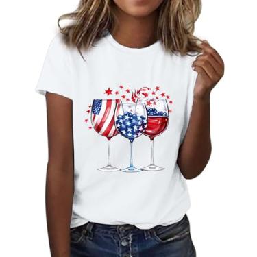 Imagem de Camiseta feminina de 4 de julho com bandeira dos EUA, taças de vinho, estampadas, gola redonda, manga curta, roupas de verão, Branco, XXG