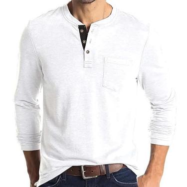 Imagem de Camisetas masculinas Henley fashion manga longa Recluse Slim Fit Casual Button Moletom Outono Clássico Leve, C - Branco, 3G