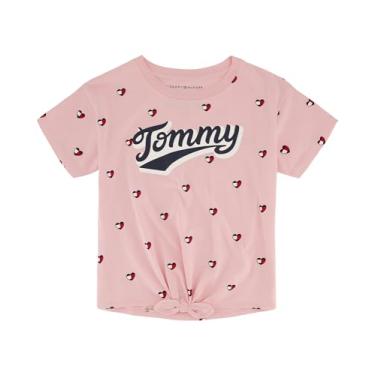 Imagem de Tommy Hilfiger Camiseta gráfica de manga curta para meninas com nó de gravata e interior sem etiqueta, Gravata com coração e sombra rosa, 8-10