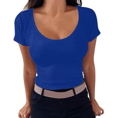 Imagem de Nagub Top feminino de verão com nervuras manga curta gola canoa espartilho slim fit camiseta Y2k roupas para sair 2024, Azul, GG