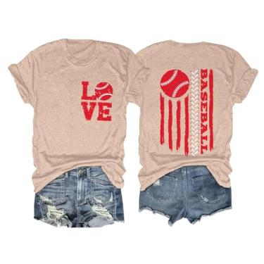 Imagem de Camiseta feminina de beisebol com bandeira americana casual estampa de amor patriótica 4 de julho camiseta manga curta gola redonda, Bege, XXG