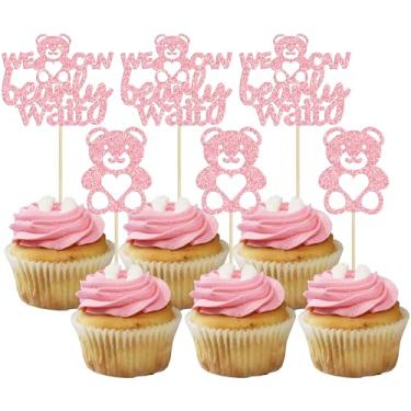 Imagem de Gyufise 24 peças We Can Bearly Wait Toppers de cupcake de urso rosa glitter palitos de cupcake decorações de bolo de chá de bebê para chá de bebê tema de revelação de gênero chá de bebê infantil suprimentos de festa de aniversário