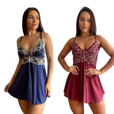 Imagem de Kit 2 Camisolas Feminina Sexy Lisa de Renda Lingerie - Pijama Feminino