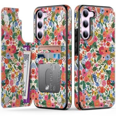 Imagem de Goodon Capa carteira para Samsung Galaxy S23 - Capa flip de couro com design floral moderno, 3 compartimentos para cartão e função de suporte, capa protetora para celular para mulheres e meninas -