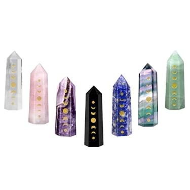 Imagem de Rockcloud Pacote com 7 pontos de cristal gravados em fase da lua, eclipse lunar hexagonal, pedra de bolso para varinha para meditação de Reiki, decoração de casa