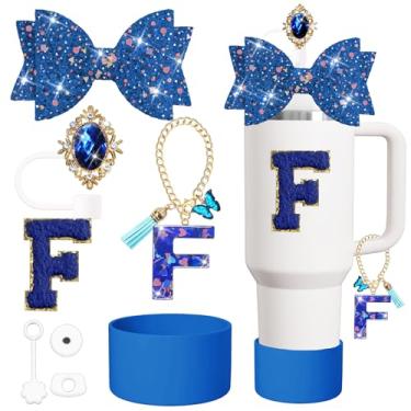 Imagem de Conjunto de acessórios para copos Stanley de 8 peças, incluindo tampa e bota de cobertura de canudo de silicone, tampa à prova de derramamento, pingente de alça, adesivo Lette (azul escuro F)