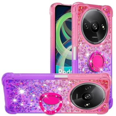 Imagem de Monwutong Capa de Ajuste Fino para Redmi A3, Brilhante Efeito Areia Movediça TPU, Suporte de Anel Amortecedor, Quatro Cantos, Proteção Antiqueda, Rosa Roxo