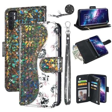 Imagem de Dibosom Capa carteira floral para TCL 20 Pro 5G com alça de pulso alça de ombro flip zíper bolsa porta-cartão, suporte de couro PU de luxo com glitter Bling capa para celular para TCL20Pro G5 TLC