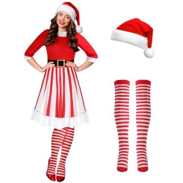 Imagem de Hillban Conjunto de 3 peças de fantasia de elfo de Natal feminino, manga curta, vestido de Natal até a coxa, chapéu de Papai Noel, Estilo vívido, X-Large