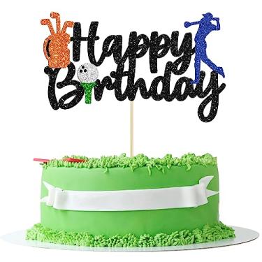 Imagem de Gyufise 1 peça topo de bolo de golfe sinal de feliz aniversário topo de bolo bola de golfe jogador decorações de bolo para tema esportivo homem menino menina suprimentos de festa de aniversário