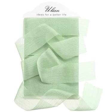 Imagem de U-LIAN Fita verde sálvia de chiffon enrugado de 3,5 cm x 30,5 m de franja feita à mão em chiffon para convites de casamento, buquês de noiva, embrulhos de presentes, artesanato faça você mesmo