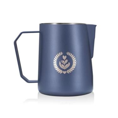 Imagem de MUVNA Jarro de espuma de leite de 450 ml – Copo para espumador de jarro de aço inoxidável para latte art, cappuccino, bico antigotejamento, fácil de controlar o fluxo, azul