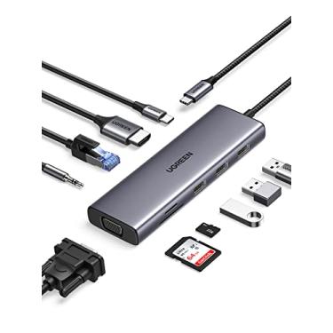 Imagem de UGREEN Hub USB C, dongle USB-C 10 em 1 com monitor duplo 4K HDMI e VGA, Ethernet de 1 Gbps, PD de 100 W, 3 portas USB 3.0, entrada de áudio de 3,5 mm, slots para cartão SD/TF, adaptador multi