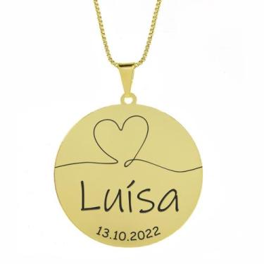 Imagem de Gargantilha Pingente Redondo Personalizado Coração Nome Luísa Banhado 