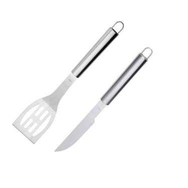 Imagem de Espatula e Faca Cabo Longo Kit Churrasco Carne Inox 2un - MIMO