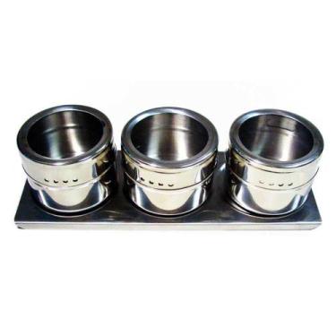 Imagem de Porta Condimentos 3 Potes em Aço Inox com Imã na Base e Suporte Wellmi