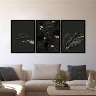 Imagem de Kit 3 Quadros Folhas Pretas 45x34cm - Quadros On-line, A3 (45 x 34), M