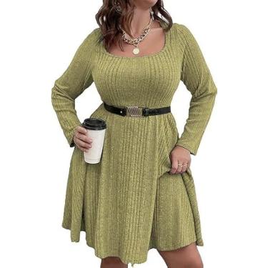 Imagem de Vestido feminino plus size casual gola quadrada manga lanterna longa gravata cintura pulôver pulôver solto, Yellowwhn0-cinto, 3G