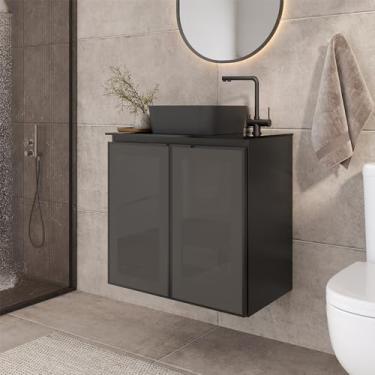 Imagem de COZIMAX Conjunto de toucador de banheiro de aço preto Umbu Combo 61 cm com bancada e porta de vidro temperado, pia de cerâmica quadrada preta