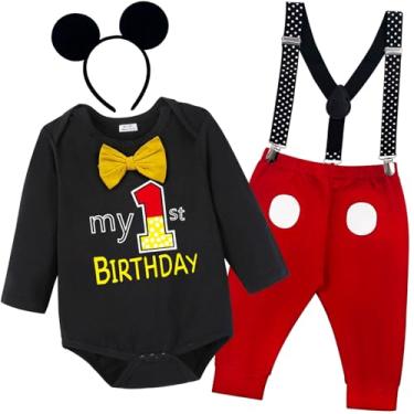 Imagem de Wosixima Roupa para bebês meninos, fantasia de 1º aniversário, cosplay, gravata borboleta, manga comprida, suspensórios, calça longa, faixa de cabeça, bolo de outono, smoking, 18 a 24 meses