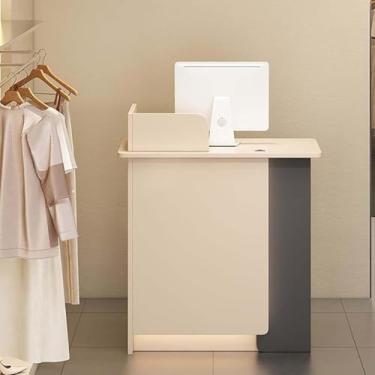 Imagem de Mesa de recepção, balcão de recepção de mesa frontal com luzes LED, gaveta com trava e armário de armazenamento, balcão de caixa de varejo para lobby loja de roupas escritório, bege + cinza, 100 cm