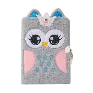 Imagem de BOLLEY JOSS Caderno fofo de coruja de desenho animado fofo de pelúcia diário secreto com cadeado e chaves bloco de escrita felpudo A5 forrado com 152 páginas