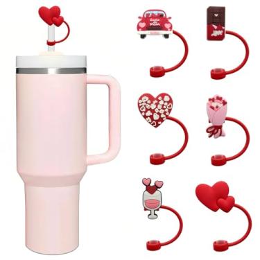 Imagem de Capa de palha Dia dos Namorados 6 peças de topos de palha, rosa em forma de coração vermelho sexy design de copo de vinho design de copo de vinho tampa de silicone para Stanley Cup 30 e 1,134 g com