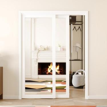 Imagem de ARKHJEM Porta deslizante para armário, 152 cm x 203 cm (duplo 76 cm), espelho lateral, conjunto completo com ferragens, MDF acabado, branco - ideal para quartos, armários