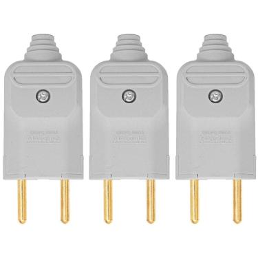 Imagem de Kit 3 Tomada Plug Macho Prensa Cabo 2 Pinos Finos 10A Cinza