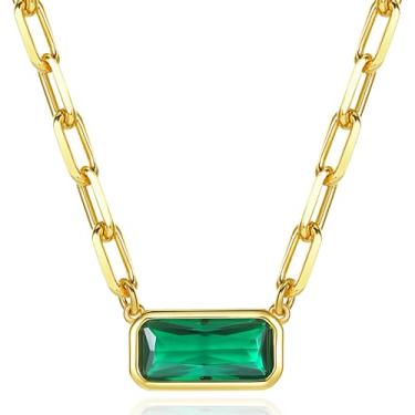 Imagem de Colar com pingente de esmeralda | Corrente de elos dourados com clipe de papel, colar solitário com pingente de zircônia cúbica verde | Conjunto de moldura do leste oeste com pingente 43 + 5 cm,