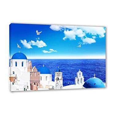 Imagem de Pôster de gaivota do mar Egeu, impressões esticadas e emolduradas. Impressão de pintura de paisagem em tela. Pronto para pendurar arte de parede quadros de edifícios para decoração de sala de estar