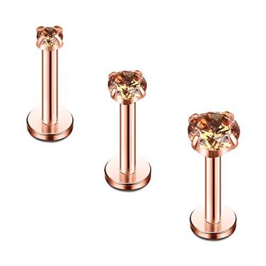 Imagem de Ruifan Brinco de aço inoxidável banhado a ouro rosa 2 mm, 3 mm, 4 mm, champanhe, zircônia cúbica, roscada, internamente, labret monroe, tragus, hélice, brinco, piercing de barra 16G, 8 mm, 3 peças,