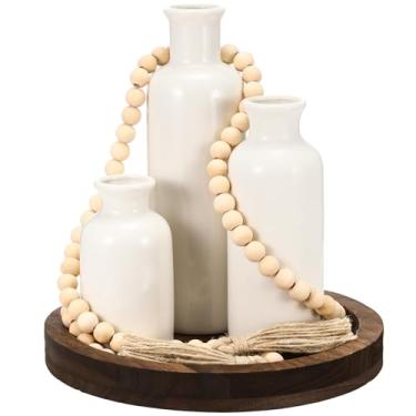 Imagem de Tiangrid Conjunto de 3 vasos de cerâmica branca boho com bandeja de servir de madeira, guirlanda de contas de madeira, borlas, suporte de mesa para decoração de casa, 5 peças