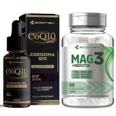 Imagem de Kit Mag 3 Magnesio Dimalato Quelato Taurato Inositol 500Mg 60Cáps + Coenzima Q10 200mg Gotas 30ml Ecomev