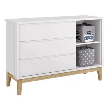 Imagem de Jogo de Quarto Classic Guarda Roupa 3 Portas e Cômoda com Pés Madeira Natural - Reller Móveis Branco Fosco